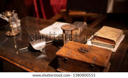 Old composition on wooden table, Spain.