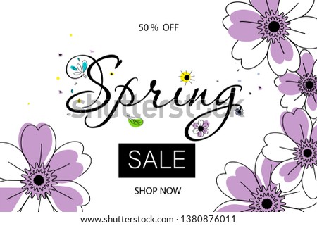 Spring Sale Banner, Sale Poster, Sale Flyer, Sale Vector. 50% Off, shop now, purple flowers, Vector illustration