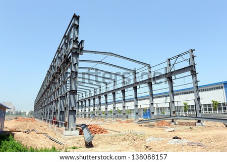 Steel frame structure building construction site