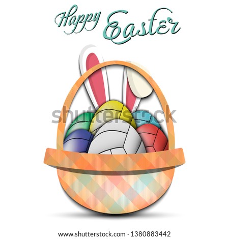 Happy Easter. Basket with decorated eggs in the form of a volleyball ball and rabbit ears on an isolated background. Pattern for greeting card, banner, poster, ad. Vector illustration
