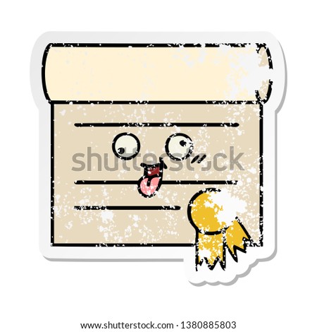 distressed sticker of a cute cartoon certificate