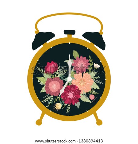 Black retro alarm clock on isolated background. Beautiful vintage table clock with flowers. Vector illustration can be used poster, greeting card, gift, banner, textile, T-shirt, mug.