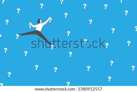 Man climbs the wall on the question marks. Research, science or philosophy concept vector illustration.  