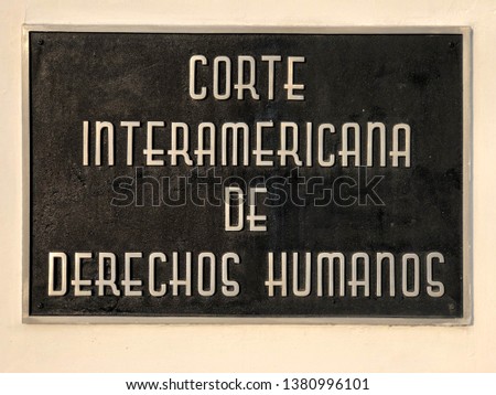 A sign for the "Corte Interamericana de Derechos Humanos" (Inter-American Court for Human Rights) in San Jose, Costa Rica. Royalty-Free Stock Photo #1380996101
