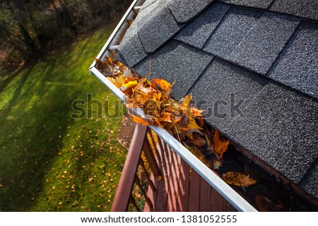 Autumn leaves clogging a rain gutter on a roof Royalty-Free Stock Photo #1381052555