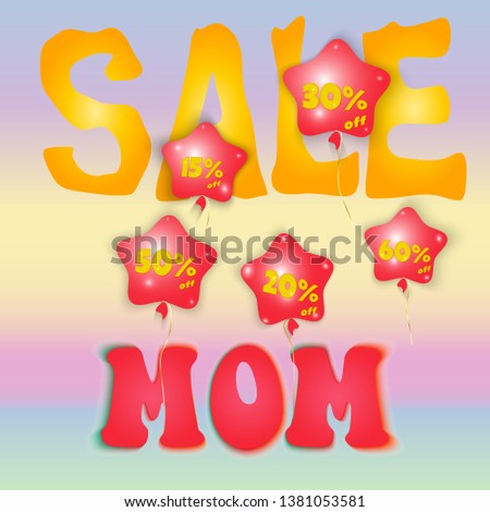 Mother's Day Sale Card, discount pink balloons on a colorful background with the word Mom