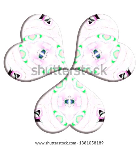 Three convex colorful relief hearts isolated on white background