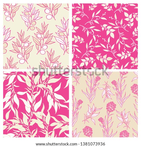 Modern wild flowers seamless pattern design set. Seamless pattern with spring flowers and leaves. Set of Hand-drawn background. floral pattern for wallpaper or fabric. Botanic Tile.