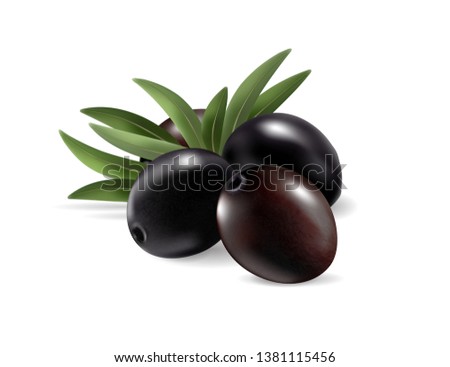 Black olives with leaves. Photo-realistic vector, 3d Royalty-Free Stock Photo #1381115456