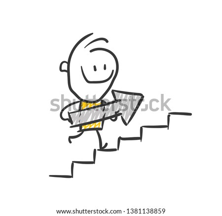 Smiling Business Stick Figure Is Going Upstairs With An Arrow Banner In His Hand Vector