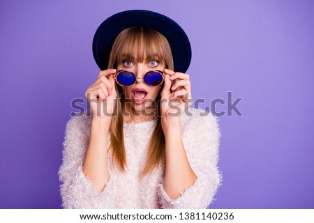 Close-up portrait of her she nice-looking attractive winsome lovely fascinating straight-haired lady putting off round glasses isolated on bright vivid shine violet purple background