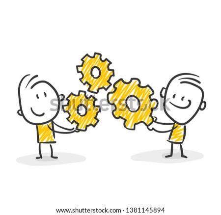 Two Smiling Stick Figures Holding Gears In Their Hands Teamwork Vector