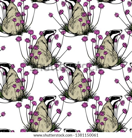 Vector seamless pattern with hand drawn badgers in pink flowers made with ink. Beautiful animal design elements, perfect for prints and patterns