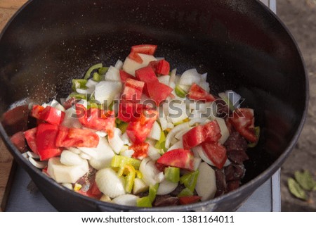 Metal stock pot with soup ingredients vegetables and meat outdoors