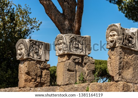 Theater masks from the decoration of the amphitheater in Ostia Antica, Roman colony founded in the 7th century BC. Rome, UNESCO world heritage site, Italy, Europe