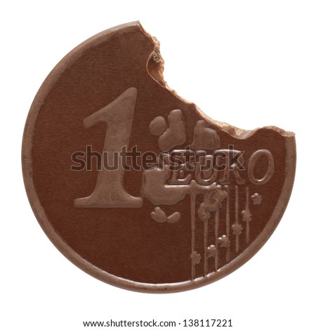 Chocolate euro on a white background Royalty-Free Stock Photo #138117221