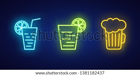 Neon food icons on dark background. Vector design. Night light billboard, design element in the thin line style. Beer and cocktails pictorgams in modern glow graphic style.