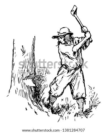 A man with hat on head chopping down a tree with axe, vintage line drawing or engraving illustration