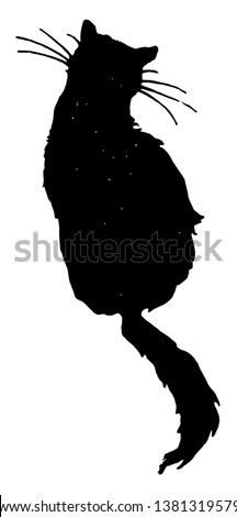 The silhouette of a sitting cat, this scene shows the silhouette of a sitting cat, vintage line drawing or engraving illustration