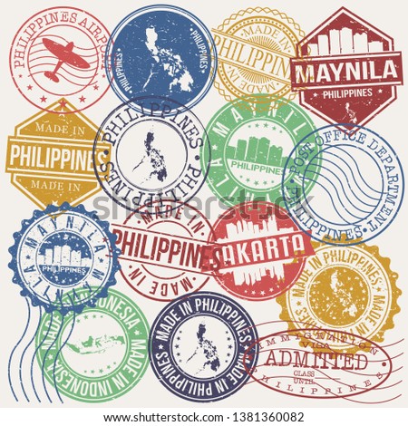 Maynila Philippines Set of Stamps. Travel Stamp. Made In Product. Design Seals Old Style Insignia.