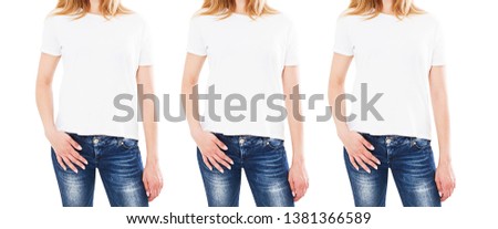 cropped image three woman in white t-shirt mock up isolated on white background, girl in blank empty t shirt various