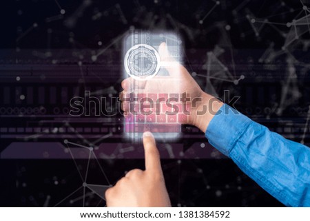 close up hand hold futuristic holographic phone