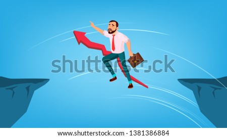Businessman Jump Through Gap Between Cliff . Red Arrow Sign Behind Character Man With Case Running And Overleap Gap. Business Risk And Success. Symbol Of Courage Flat Cartoon Illustration