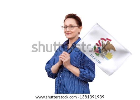 Illinois flag. Woman holding Illinois state flag. Nice portrait of middle aged lady 40 50 years old holding a large state flag isolated on white background.