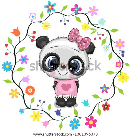 Cute Cartoon Panda girl in a flowers frame