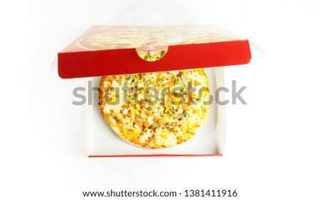 Pizza delivery in box isolated on white background, Top view copy space. Blank for design.