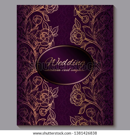 Exquisite royal purple luxury wedding invitation, gold floral background with frame and place for text, lacy foliage made of roses or peonies with golden shiny gradient