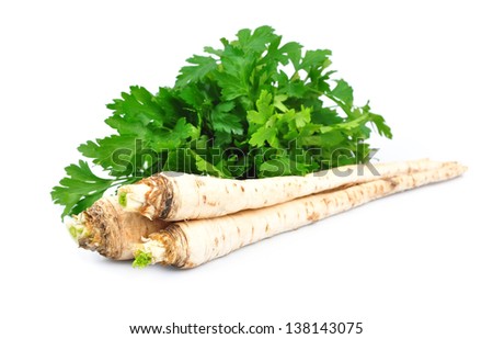 parsley root on white background Royalty-Free Stock Photo #138143075