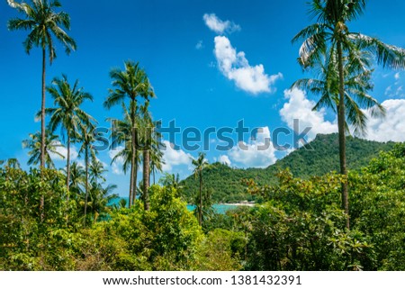 Top view to the tropical island, The island has coconut palms,  blue skies, mountain trees and resorts, ko Phangan Thailand