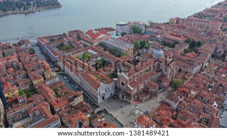 Aerial drone top view photo of famous church of Santi Giovanni e Paolo in the heart of Venice, Italy