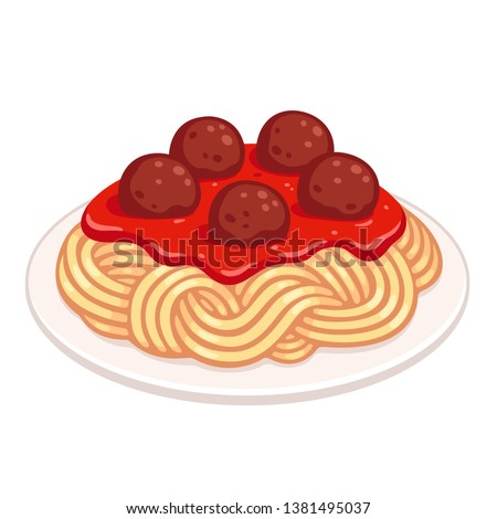 Cartoon plate of spaghetti with meatballs and tomato sauce. Classic pasta dish, isolated vector illustration. Royalty-Free Stock Photo #1381495037
