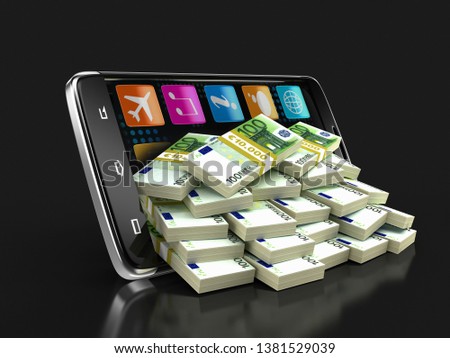 3d illustration. Touchscreen smartphone with pile of euros. Image with clipping path.