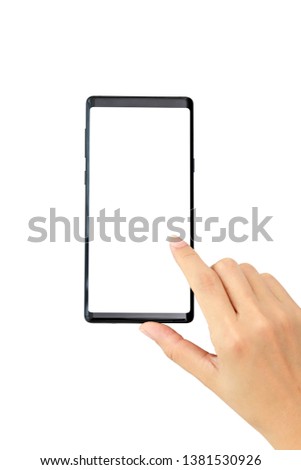Female hand holding black smartphone with blank screen isolated on white background