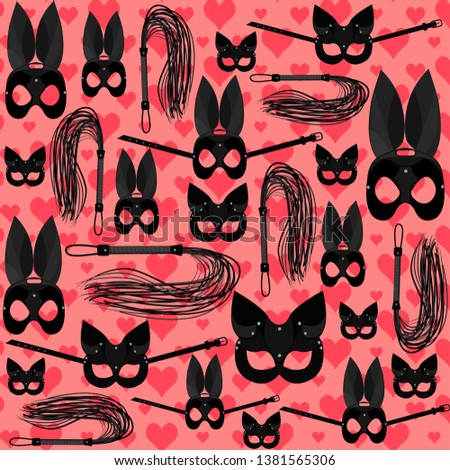 A role playing set background. A black lash, a cat mask and a bunny mask on a pink background with red hearts