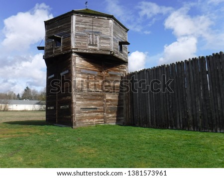 Vancouver, WA USA – March 25, 2018: The bastion was built 1845 to protect Hudson Bay Co. Fort Vancouver from American Settlers before the Treaty of 1846 between the British and USA was signed. 