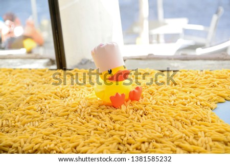 Macaroni yellow plastic duck background