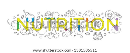 nutrition word. nutrition word and hand drawing fruits, vegetable shapes