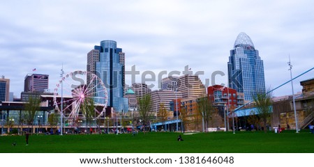 Downtown Cincinnati from the river front park
Skyscrapers and wheel in the center