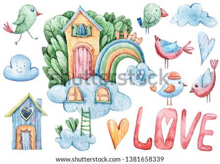Watercolor hand painted cartoon fantasy illustration set. Lovely clipart: fantasy house and rainbow, birds, clouds, heart. Perfect for patterns, stickers, greeting cards