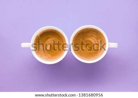 Breakfast, drinks and cafe menu concept - Coffee cup on purple background, top view flatlay