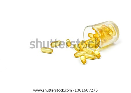 Fish oil concentrated gel isolated on white background. Concept creative ideas Supplementary food. Capsules salmon fish oil. Omega 3. Vitamin E.
