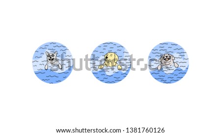 Dogs in the water playing color illustration set. Happy pets in the sea swimming and enjoy in the summer. Cartoon drawn puppy set different breed having fun in liquid circle ball or egg. Simple detail