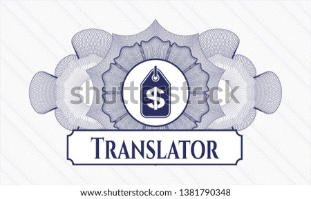 Blue rosette. Linear Illustration. with money tag icon and Translator text inside