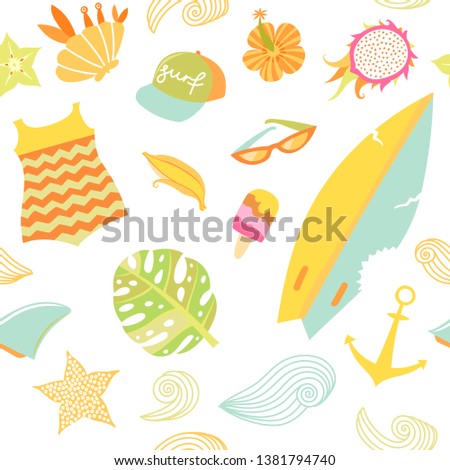 Summer symbols, icons set. Summertime sea holidays seamless pattern. Vector exotic tropical background.