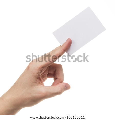 adult man hand holding blank card, isolated on white