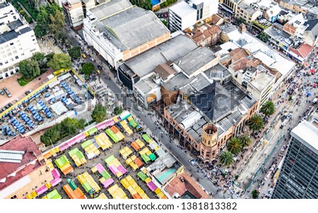 Aerial view of the streets of downtown Bogota Colombia, where you can see the flea market and El Septimazo